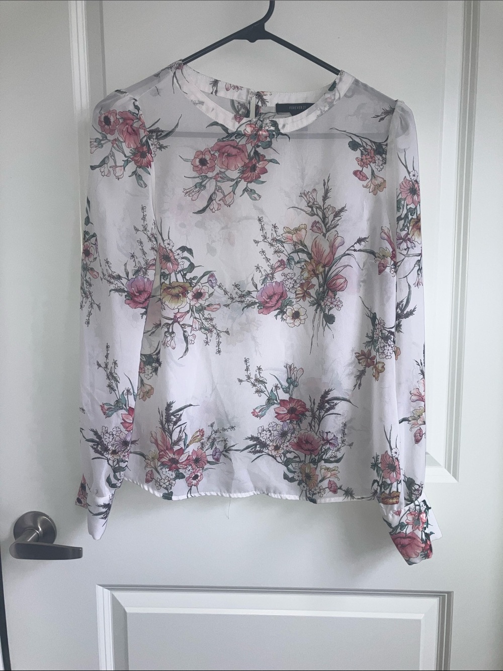 Forever 21 White Floral Long-Sleeve Blouse with Pink Accents